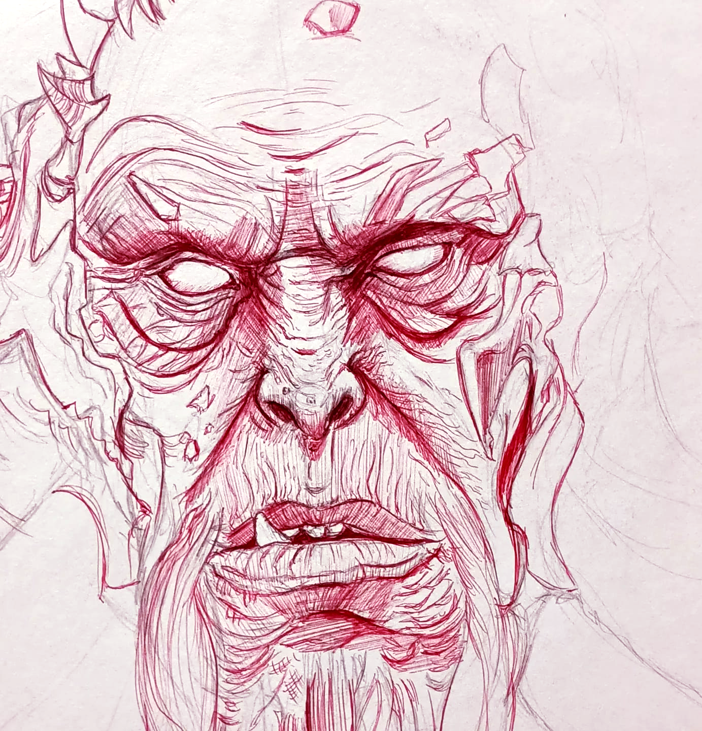 Weathered face study in red ballpoint pen