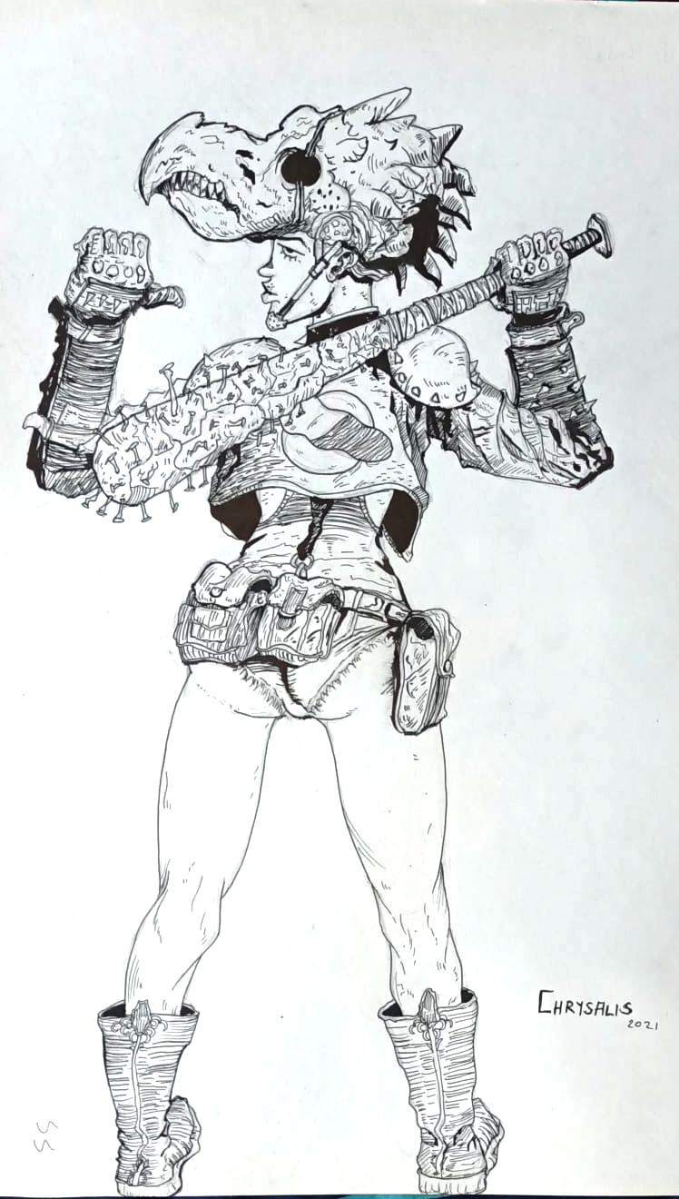 Ink full-figure study of a warrior with dinosaur-skull mask and spiked club
