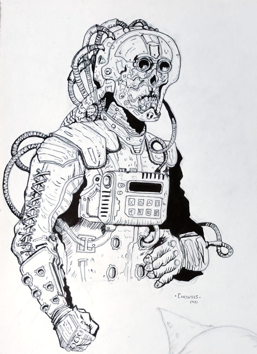 Ink character study of a skull-faced cyborg with chest keypad