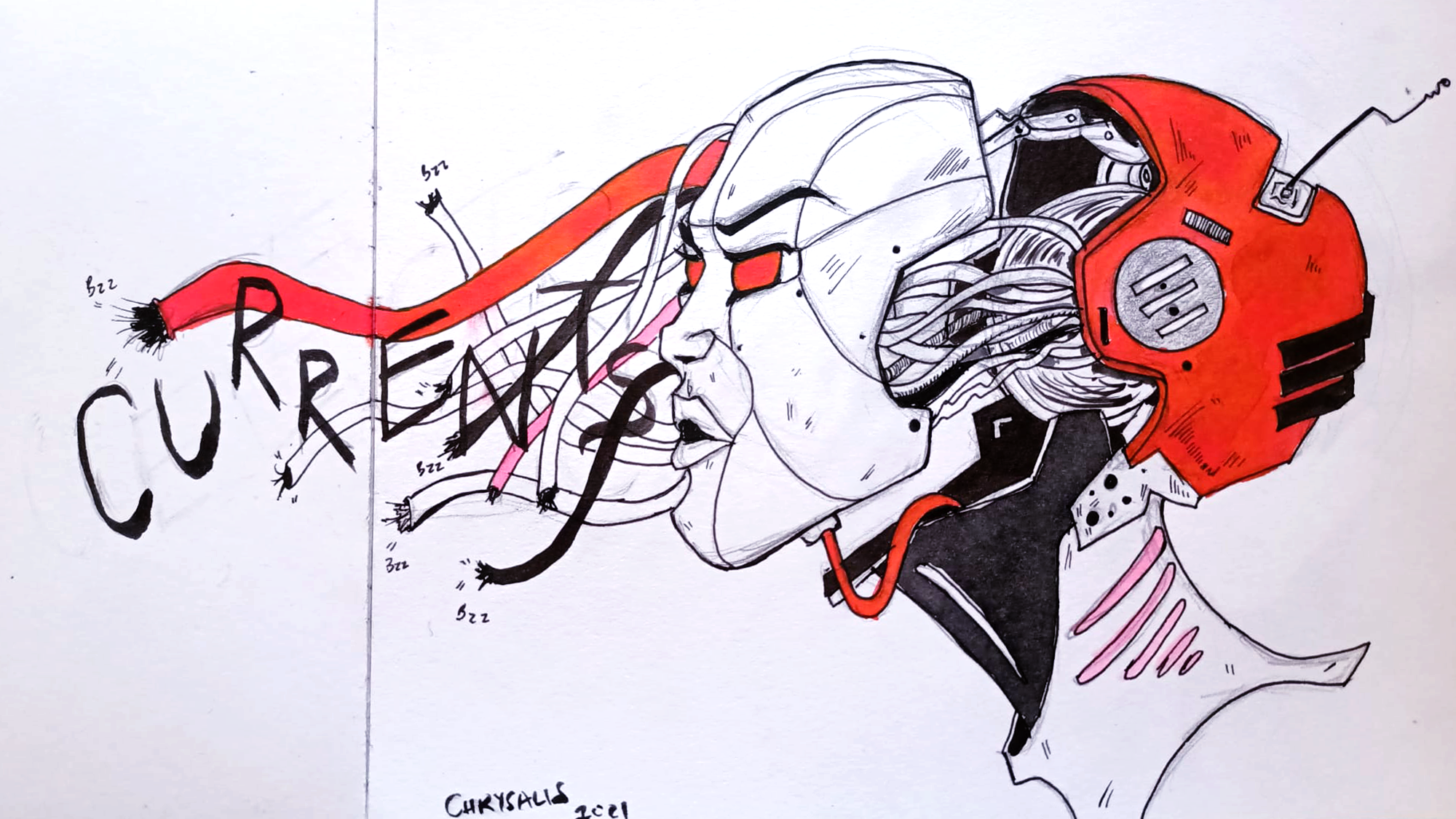 Currents — ink and marker cyborg head study with wires