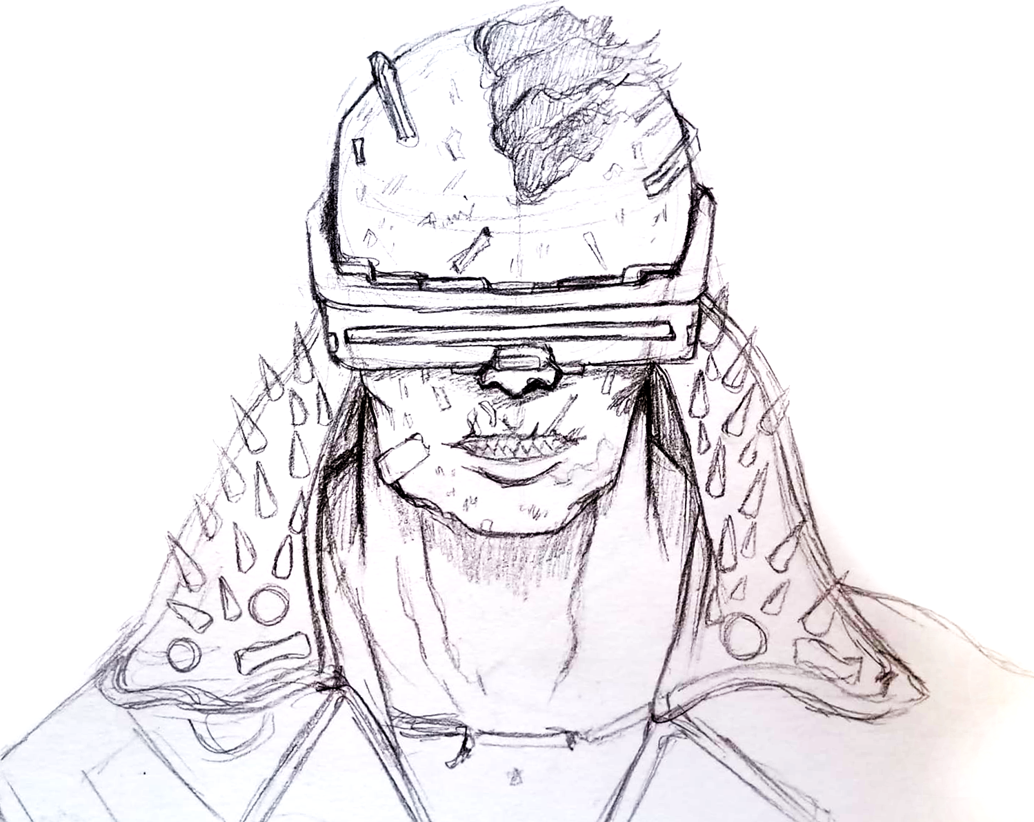 Pencil sketch portrait of a figure wearing a VR visor and spiked jacket