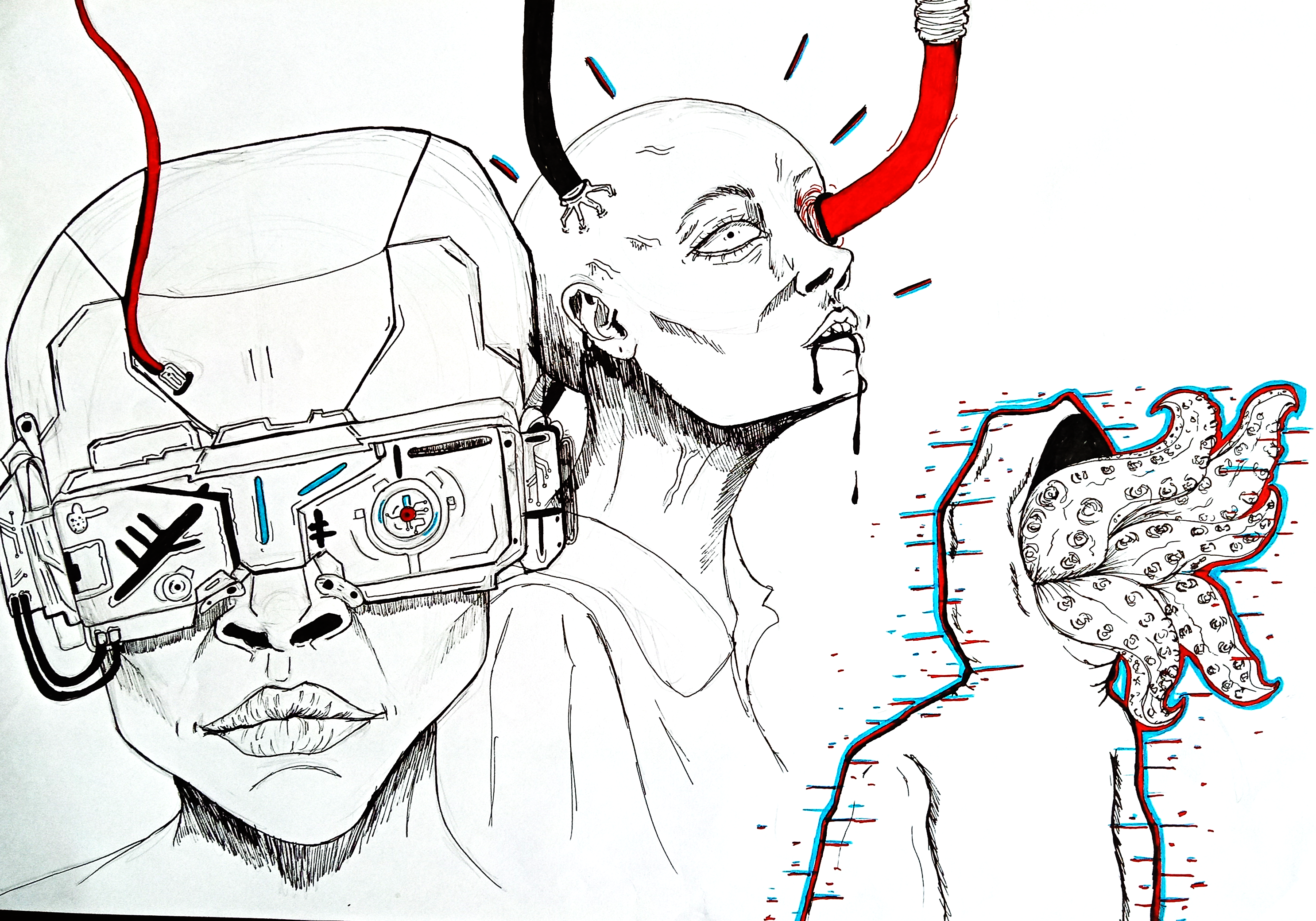 Ink series of cybernetic portraits with visor, cables and tentacles