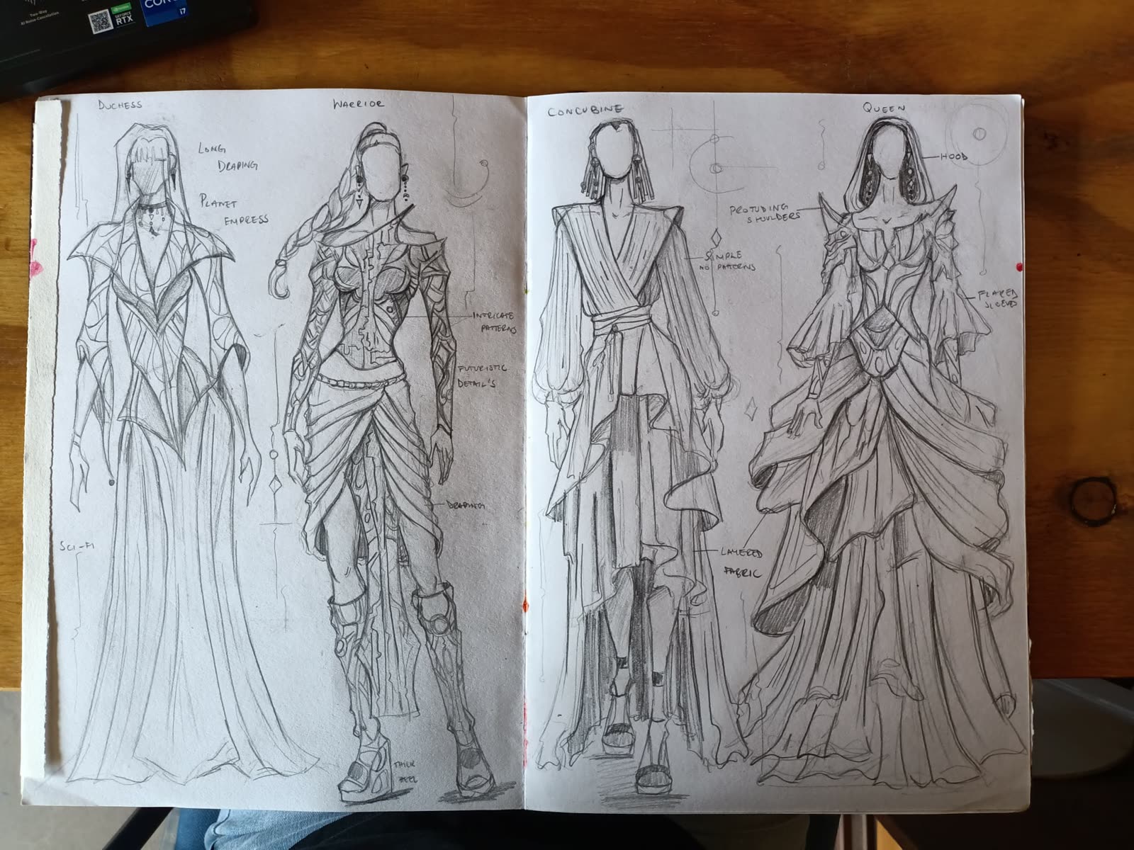 Sci-fi royalty costume design sketches