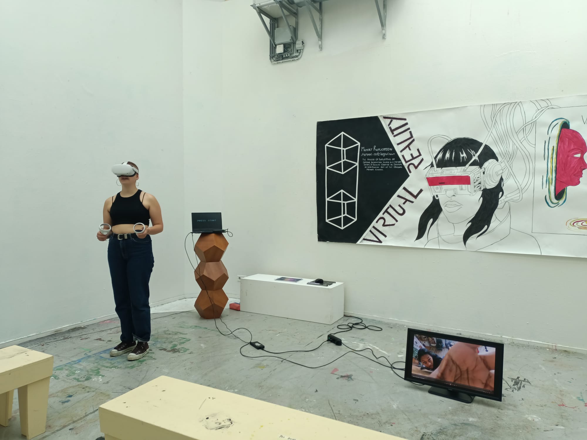 Visitor wearing a headset exploring the Memory Replication VR environment