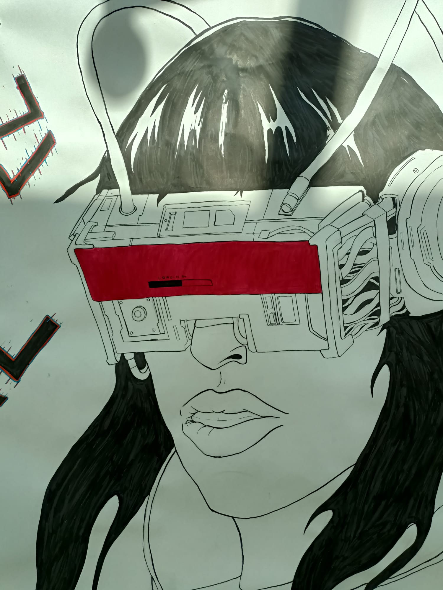 Close-up of the hand-painted mural, figure with red VR visor
